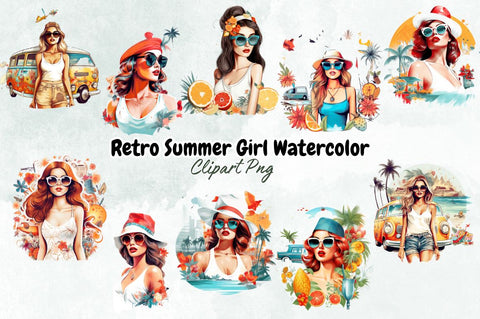 Retro Summer Girl Watercolor Clipart Bundle Sublimation Designangry 