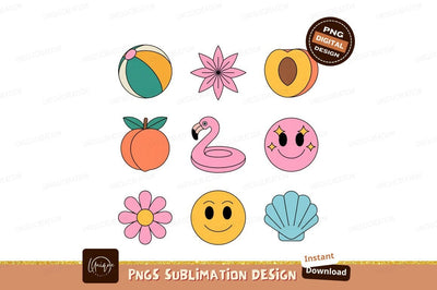 Retro Summer Icons Beach Flamingo Peach Flower Smiley Shell Sublimation Designangry 