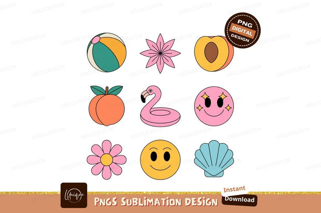 Retro Summer Icons Beach Flamingo Peach Flower Smiley Shell Sublimation Designangry 