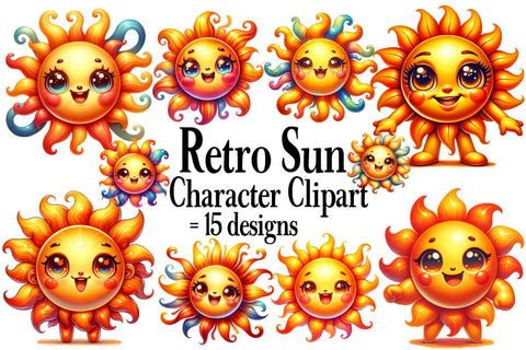 Retro Sun Character Bundle ,Illustrator Clipart,Quotes and Sayings,Food & Drink,On Sale, Print & Cut Sublimation Newmockups 