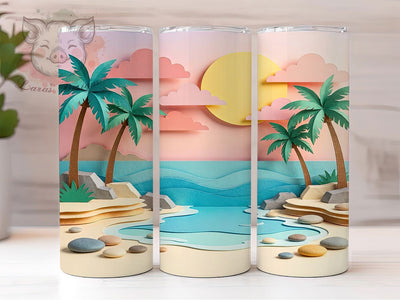 Retro Sunset Tropical Horizon 20oz Tumbler, 3D Papercraft, Tropical Beach, Vibrant Horizon, Ocean Scene, Skinny Tumbler, Sublimation PNG Sublimation Lara' s Designs 
