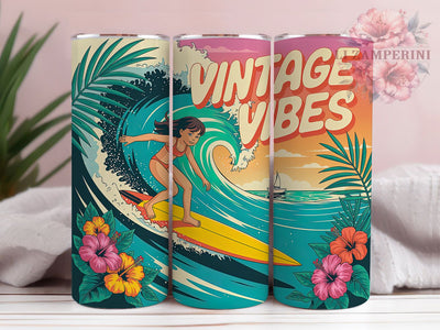 Retro Surfing Girl 20oz Tumbler, Surfing Girl Wrap, Bright Yellow Surfboard, Summer Vibes Sublimation, 20oz Tumbler PNG, Beach Lifestyle Design, Tropical Surf Sublimation Sublimation Li Zamperini 