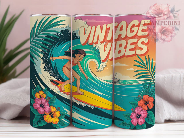 Retro Surfing Girl 20oz Tumbler, Surfing Girl Wrap, Bright Yellow Surfboard, Summer Vibes Sublimation, 20oz Tumbler PNG, Beach Lifestyle Design, Tropical Surf Sublimation Sublimation Li Zamperini 
