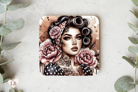 Retro Tattoo Woman Coaster, Pin-Up Square Coaster Design Sublimation BijouBay 