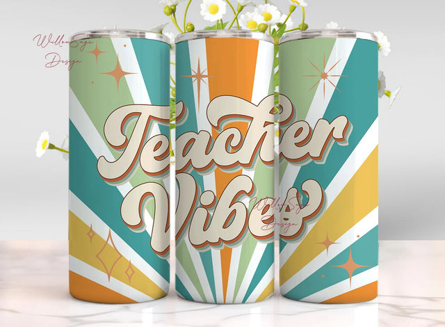 Retro Teacher Tumbler Sublimation Design, Teacher Vibes Retro Tumbler Wrap for Teacher, 20 oz Skinny Tumbler Teacher Wrap Template PNG Sublimation WillowSageDesign 