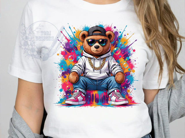Retro Teddy Bear T-Shirt PNG, Cool Bear, Rainbow Sunglasses, Streetwear Style, Sublimation PNG, Hip Hop Fashion, Cartoon Animal Sublimation ToriDesigns 