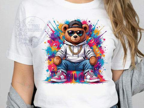 Retro Teddy Bear T-Shirt PNG, Cool Bear, Rainbow Sunglasses, Streetwear Style, Sublimation PNG, Hip Hop Fashion, Cartoon Animal Sublimation ToriDesigns 
