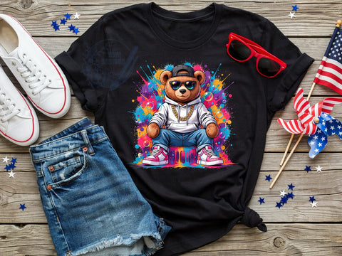 Retro Teddy Bear T-Shirt PNG, Cool Bear, Rainbow Sunglasses, Streetwear Style, Sublimation PNG, Hip Hop Fashion, Cartoon Animal Sublimation ToriDesigns 