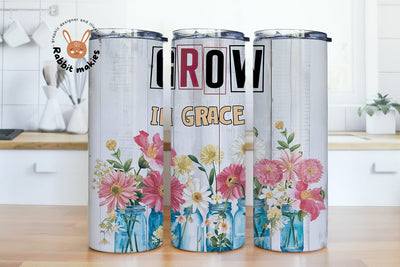 Retro Tumbler Wrap, Grow in Grace Tumbler PNG, Floral Sublimation Tumbler, Spring 20 oz Skinny Tumbler Design Sublimation Rabbitmakies 