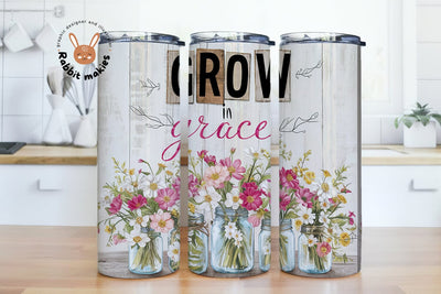 Retro Tumbler Wrap, Grow in Grace Tumbler PNG, Floral Sublimation Tumbler, Spring 20 oz Skinny Tumbler Design Sublimation Rabbitmakies 