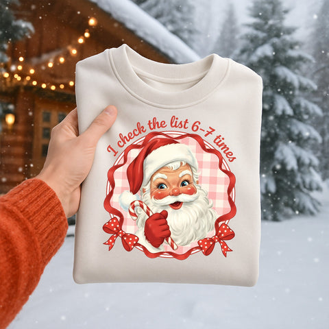 Retro Vintage Santa PNG | I Check the List 6–7 Times Christmas Sublimation Design | Pink Checkered Santa Clipart | Retro Xmas PNG Sublimation HappyDesignStudio 