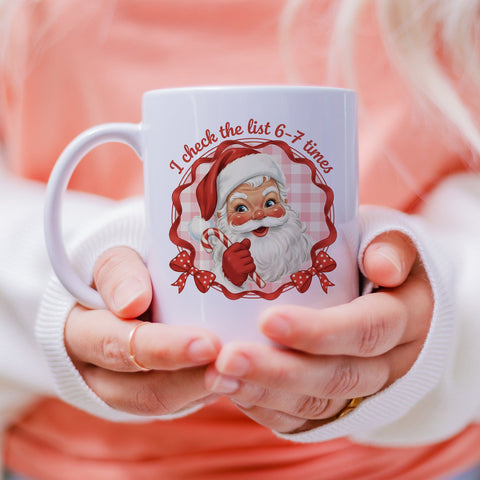 Retro Vintage Santa PNG | I Check the List 6–7 Times Christmas Sublimation Design | Pink Checkered Santa Clipart | Retro Xmas PNG Sublimation HappyDesignStudio 
