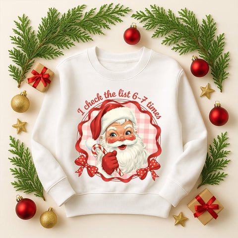 Retro Vintage Santa PNG | I Check the List 6–7 Times Christmas Sublimation Design | Pink Checkered Santa Clipart | Retro Xmas PNG Sublimation HappyDesignStudio 