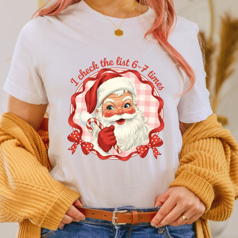 Retro Vintage Santa PNG | I Check the List 6–7 Times Christmas Sublimation Design | Pink Checkered Santa Clipart | Retro Xmas PNG Sublimation HappyDesignStudio 