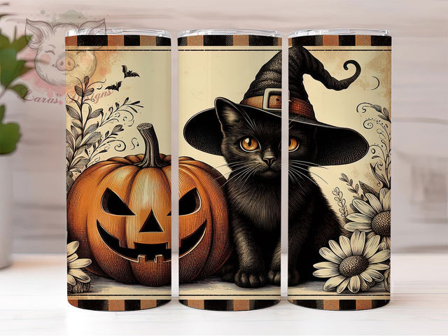 Retro Witch Cat Halloween 20Oz Tumbler, Vintage Halloween Cup, 20Oz Sublimation Wrap, Spooky Cat Drinkware, Witchy Coffee Tumbler, Halloween Cat Design, Fall Mug Wrap Sublimation Lara' s Designs 