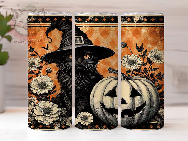 Retro Witch Cat Halloween 20Oz Tumbler, Vintage Halloween Cup, 20Oz Sublimation Wrap, Spooky Cat Drinkware, Witchy Coffee Tumbler, Halloween Cat Design, Fall Mug Wrap Sublimation Lara' s Designs 