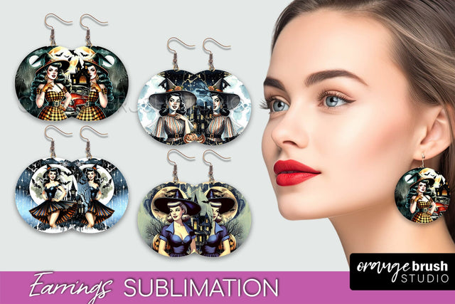 Retro Witch Earrings PNG - Halloween Earrings Sublimation Sublimation OrangeBrushStudio 