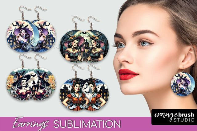 Retro Witch Earrings PNG - Halloween Earrings Sublimation Sublimation OrangeBrushStudio 