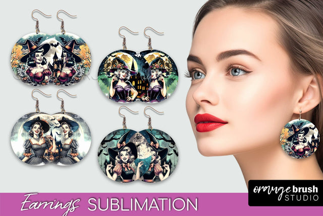 Retro Witch Earrings PNG - Halloween Earrings Sublimation Sublimation OrangeBrushStudio 