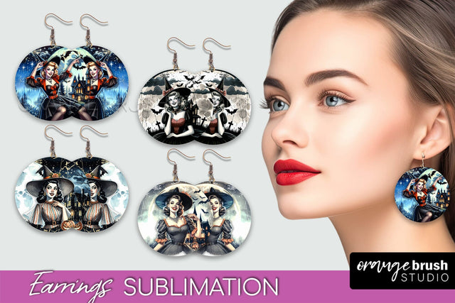 Retro Witch Earrings PNG - Halloween Earrings Sublimation Sublimation OrangeBrushStudio 