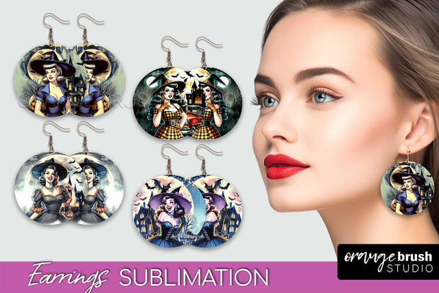 Retro Witch Earrings PNG - Halloween Earrings Sublimation Sublimation OrangeBrushStudio 