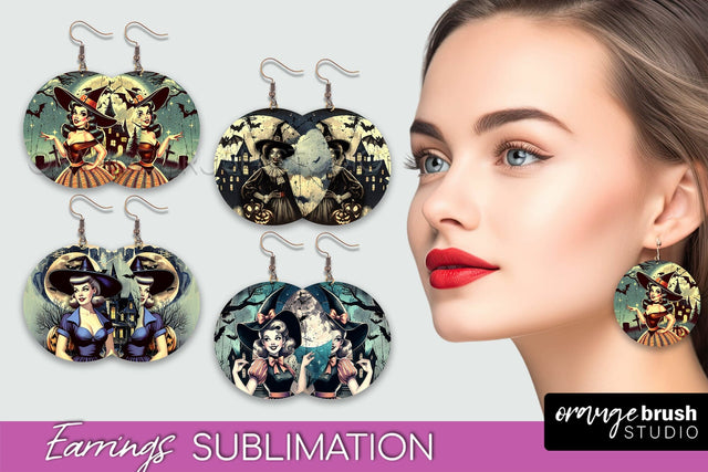 Retro Witch Earrings PNG - Halloween Earrings Sublimation Sublimation OrangeBrushStudio 