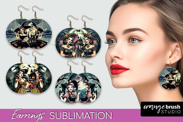 Retro Witch Earrings PNG - Halloween Earrings Sublimation Sublimation OrangeBrushStudio 