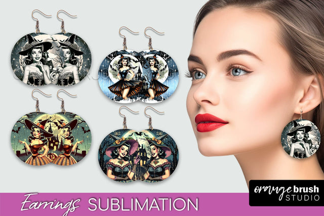 Retro Witch Earrings PNG - Halloween Earrings Sublimation Sublimation OrangeBrushStudio 