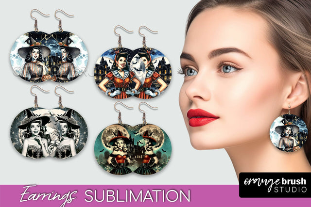 Retro Witch Earrings PNG - Halloween Earrings Sublimation Sublimation OrangeBrushStudio 