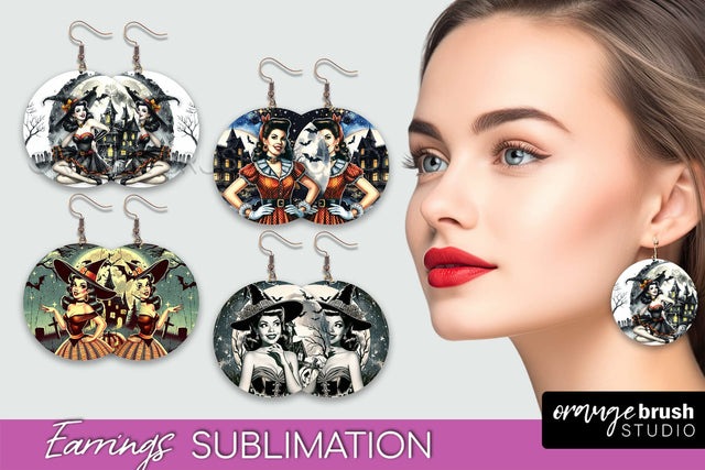 Retro Witch Earrings PNG - Halloween Earrings Sublimation Sublimation OrangeBrushStudio 