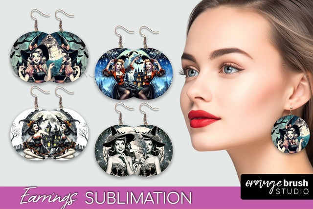 Retro Witch Earrings PNG - Halloween Earrings Sublimation Sublimation OrangeBrushStudio 