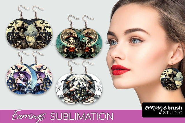 Retro Witch Earrings PNG - Halloween Earrings Sublimation Sublimation OrangeBrushStudio 
