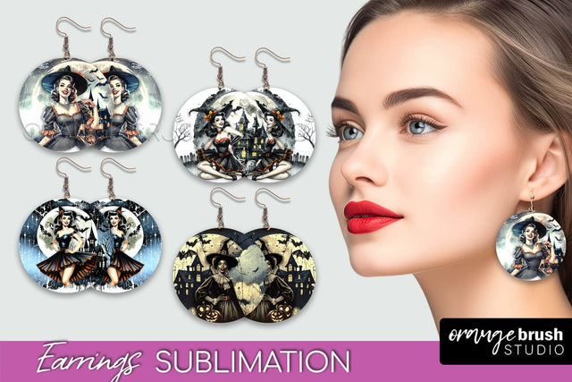 Retro Witch Earrings PNG - Halloween Earrings Sublimation Sublimation OrangeBrushStudio 