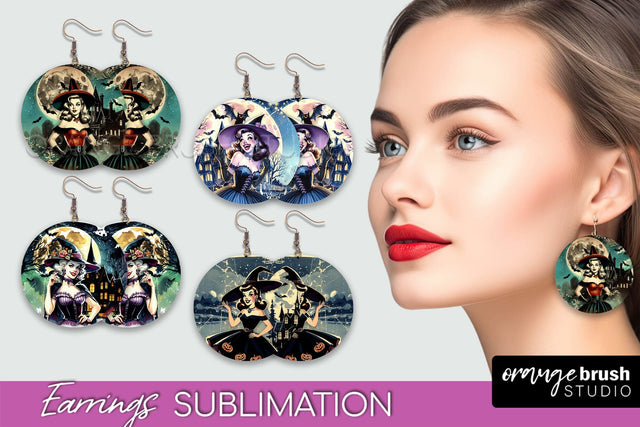 Retro Witch Earrings PNG - Halloween Earrings Sublimation Sublimation OrangeBrushStudio 