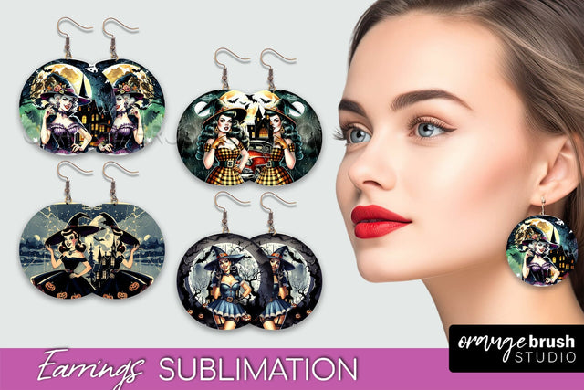 Retro Witch Earrings PNG - Halloween Earrings Sublimation Sublimation OrangeBrushStudio 