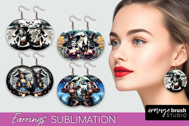 Retro Witch Earrings PNG - Halloween Earrings Sublimation Sublimation OrangeBrushStudio 