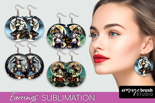 Retro Witch Earrings PNG - Halloween Earrings Sublimation Sublimation OrangeBrushStudio 