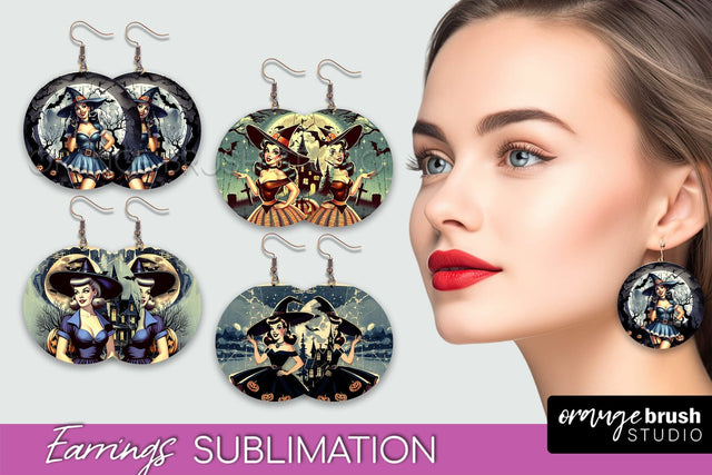 Retro Witch Earrings PNG - Halloween Earrings Sublimation Sublimation OrangeBrushStudio 