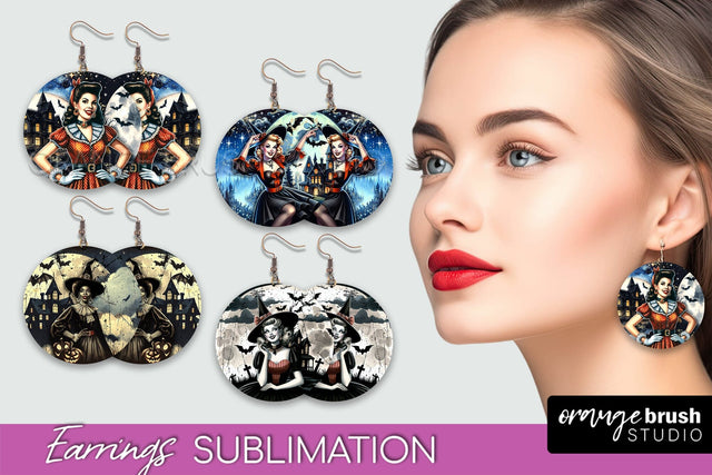 Retro Witch Earrings PNG - Halloween Earrings Sublimation Sublimation OrangeBrushStudio 
