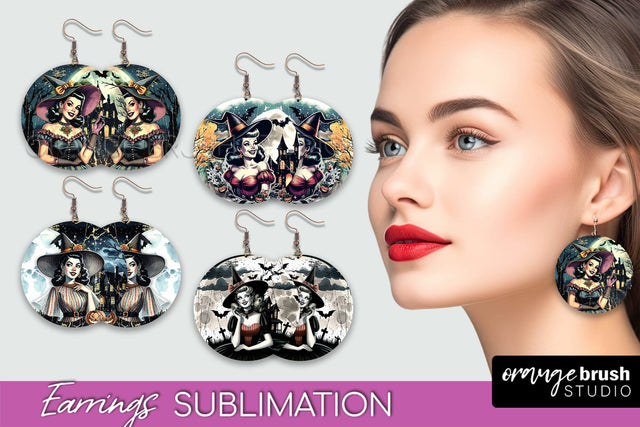 Retro Witch Earrings PNG - Halloween Earrings Sublimation Sublimation OrangeBrushStudio 