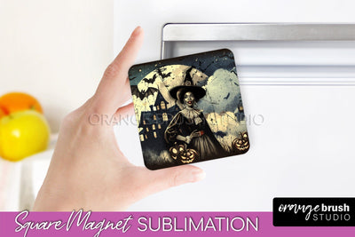Retro Witch Magnet Sublimation - Halloween Magnet PNG Sublimation OrangeBrushStudio 