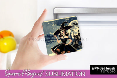 Retro Witch Magnet Sublimation - Halloween Magnet PNG Sublimation OrangeBrushStudio 
