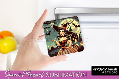 Retro Witch Magnet Sublimation - Halloween Magnet PNG Sublimation OrangeBrushStudio 