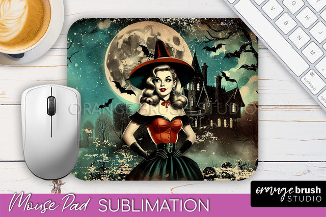 Retro Witch Mouse Pad - Halloween Mousepad Sublimation PNG Sublimation OrangeBrushStudio 
