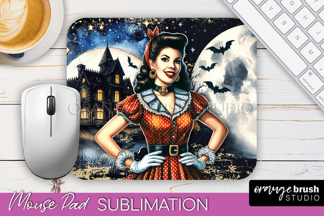 Retro Witch Mouse Pad - Halloween Mousepad Sublimation PNG Sublimation OrangeBrushStudio 