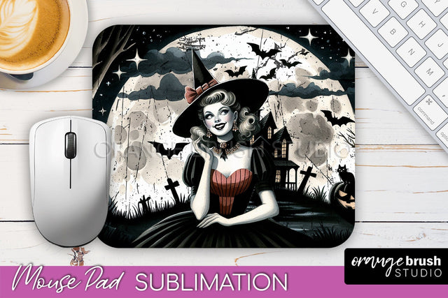 Retro Witch Mouse Pad - Halloween Mousepad Sublimation PNG Sublimation OrangeBrushStudio 