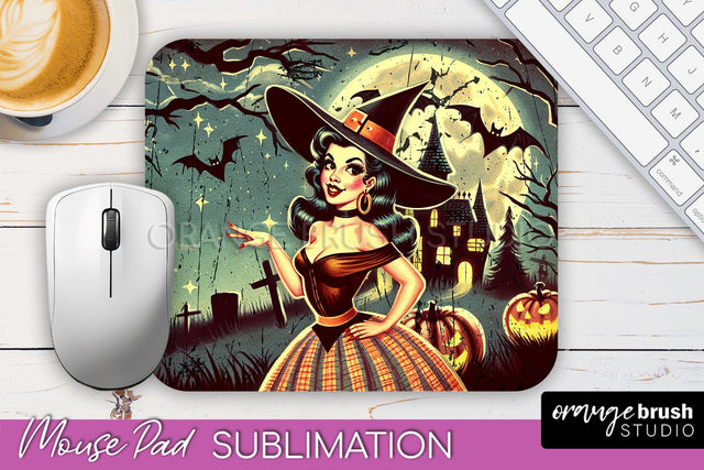 Retro Witch Mouse Pad - Halloween Mousepad Sublimation PNG Sublimation OrangeBrushStudio 