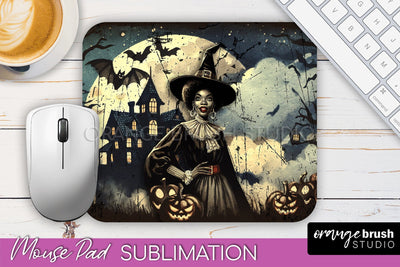 Retro Witch Mouse Pad - Halloween Mousepad Sublimation PNG Sublimation OrangeBrushStudio 