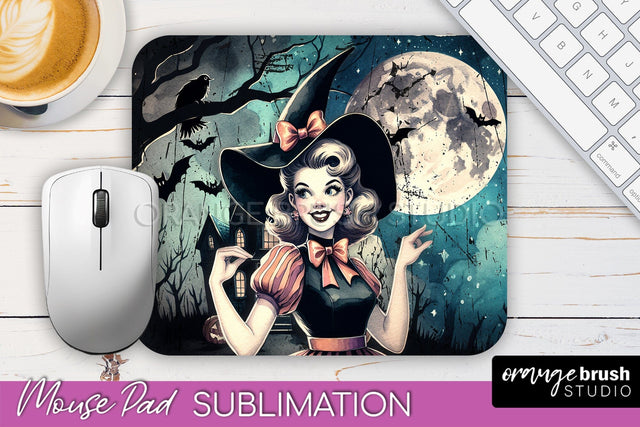 Retro Witch Mouse Pad - Halloween Mousepad Sublimation PNG Sublimation OrangeBrushStudio 