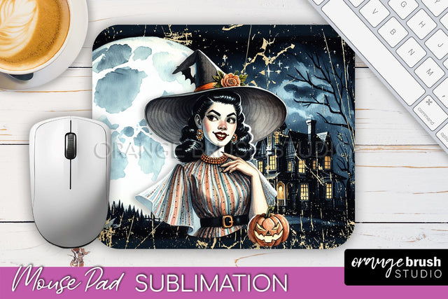 Retro Witch Mouse Pad - Halloween Mousepad Sublimation PNG Sublimation OrangeBrushStudio 